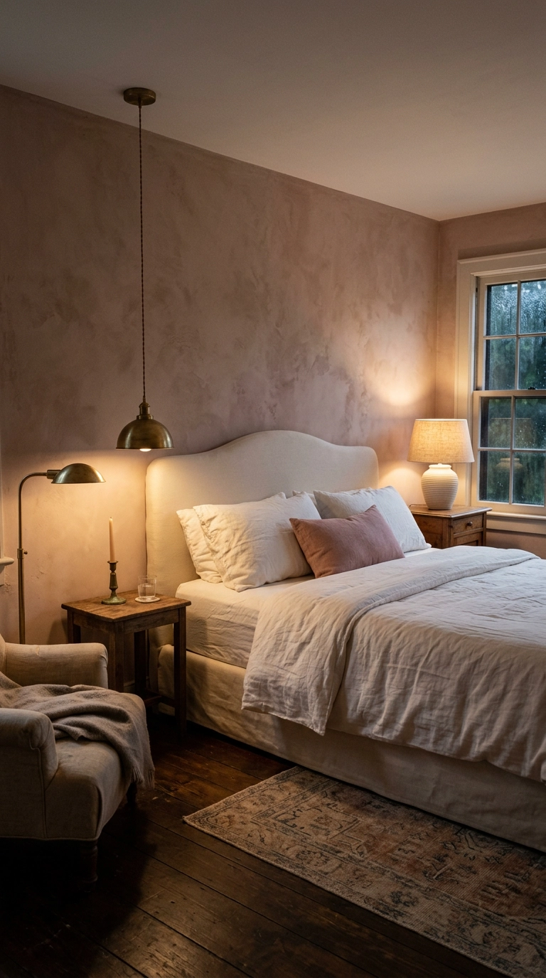 King bedroom lit by a brass bedside pendant, a ceramic table lamp, and a corner floor lamp