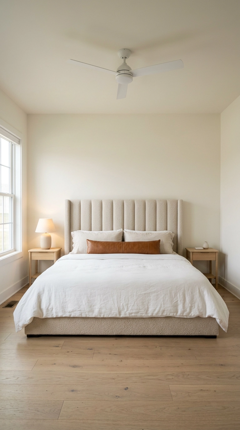 King size bed with a tall oatmeal boucle channel-tufted headboard against creamy white walls