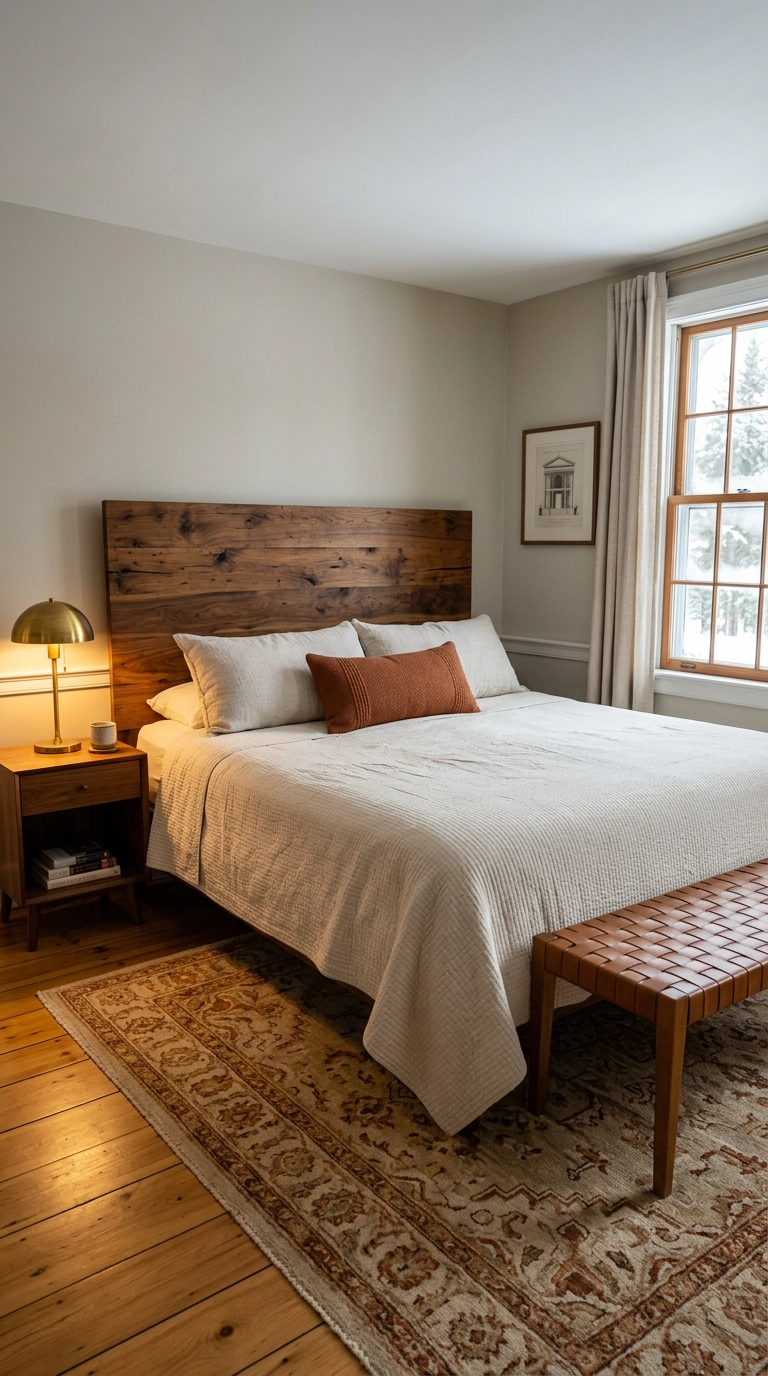 King bed with a reclaimed walnut headboard and rust textiles in a north-facing bedroom
