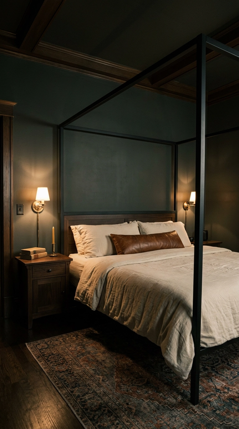 Bare black iron canopy frame over a king bed in a moody charcoal-green bedroom lit by brass sconces