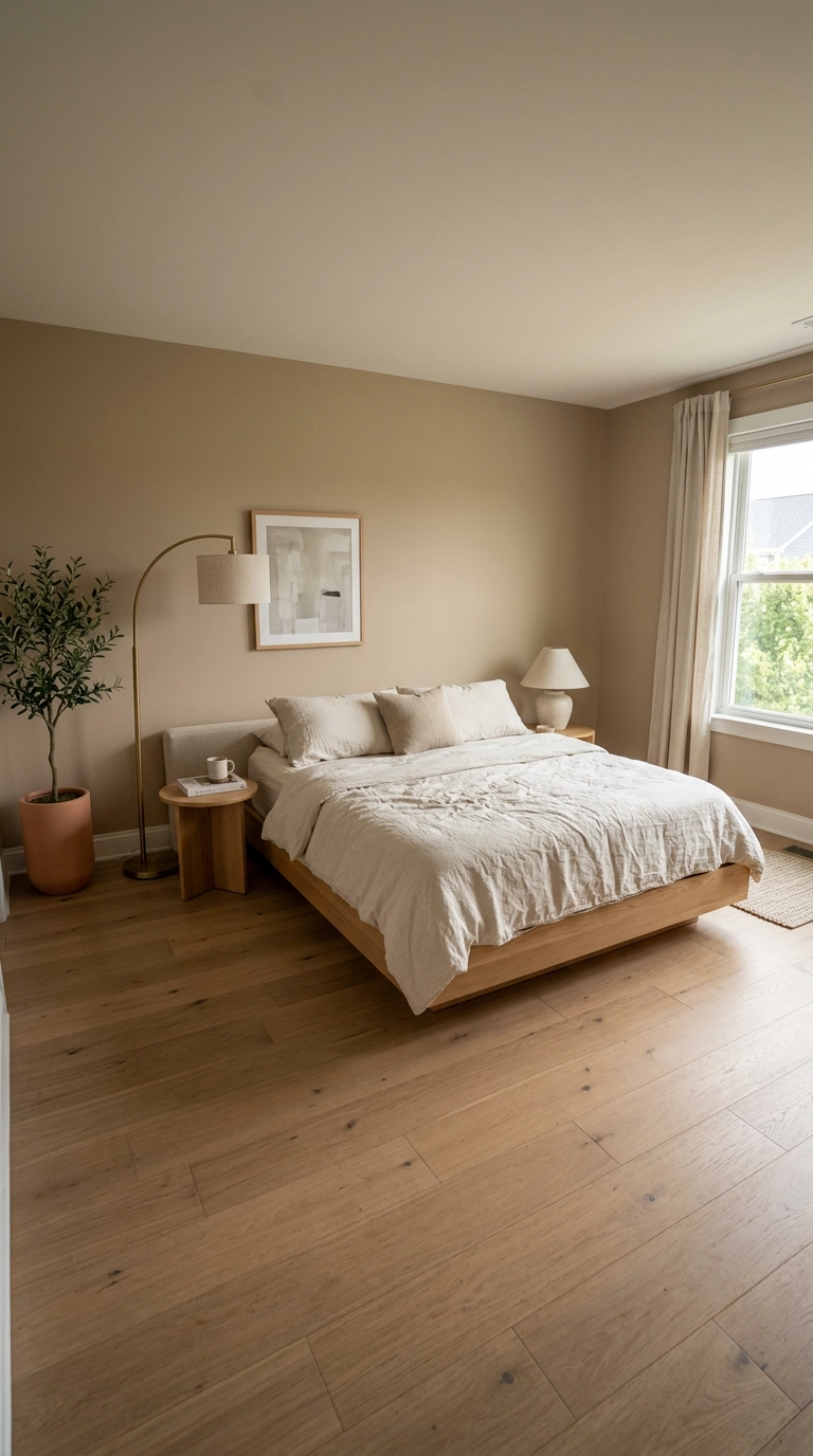 King bed in a medium bedroom with clear walking space on both sides and mostly bare oak floors