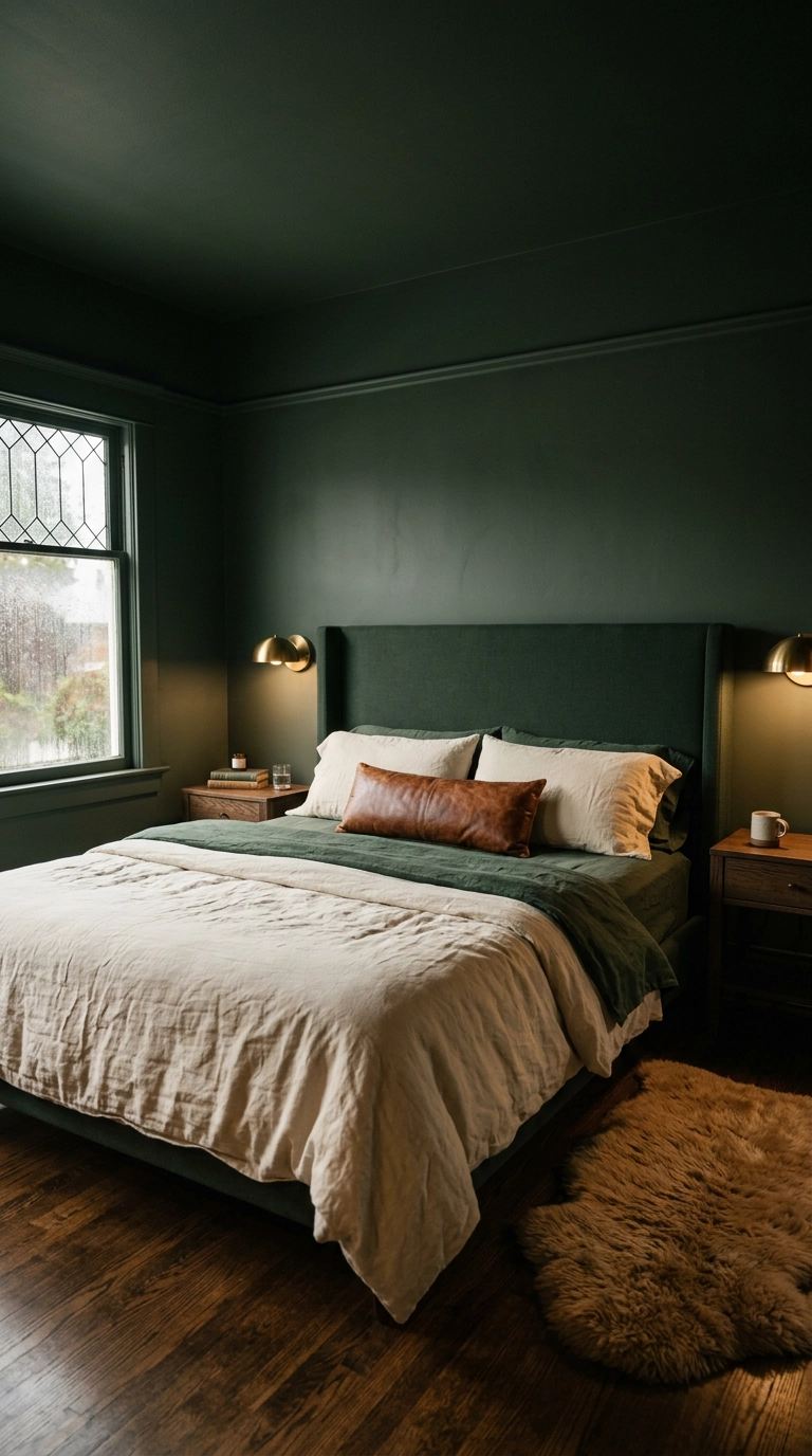 King bed with a matching green upholstered headboard in a fully color-drenched forest green bedroom