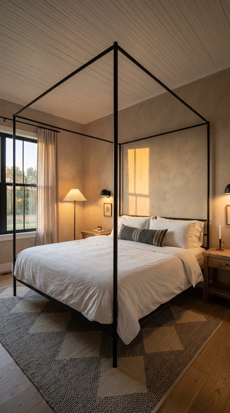 King four-poster bed with slim black metal posts in a farmhouse bedroom with mushroom plaster walls