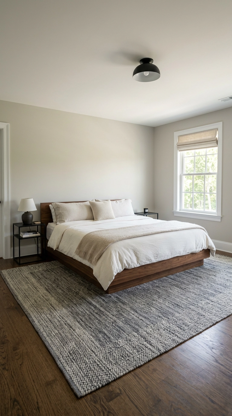 King bed on a large charcoal and cream wool rug that extends past the foot and sides of the bed