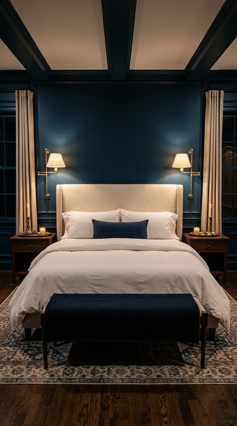 King bed against a deep blue wall with matching walnut nightstands and brass sconces on each side