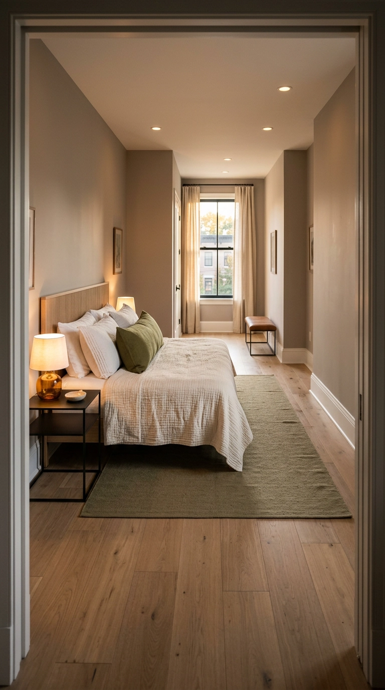 California king bed in a long narrow bedroom with taupe walls and a fluted oak headboard