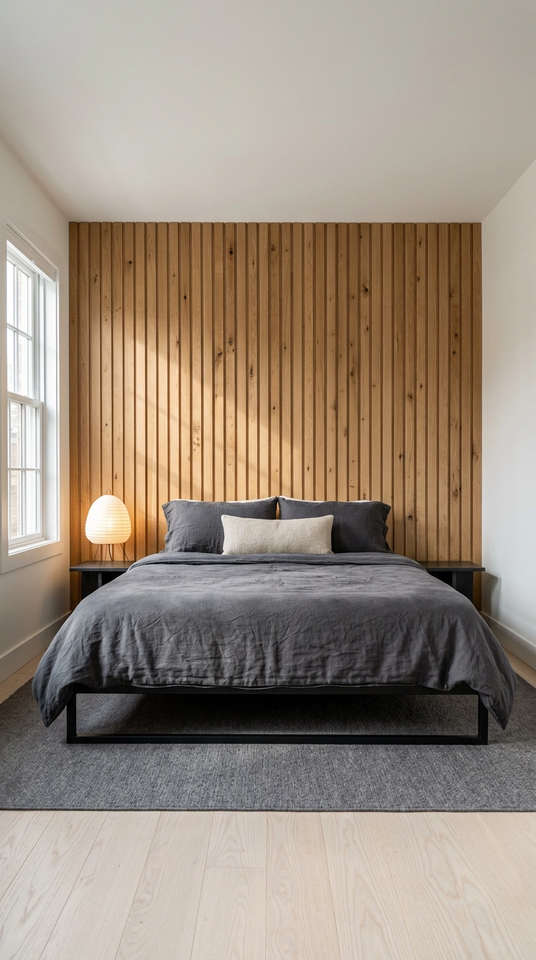 King bed against a full-height vertical white oak slat wall in a Japandi style bedroom