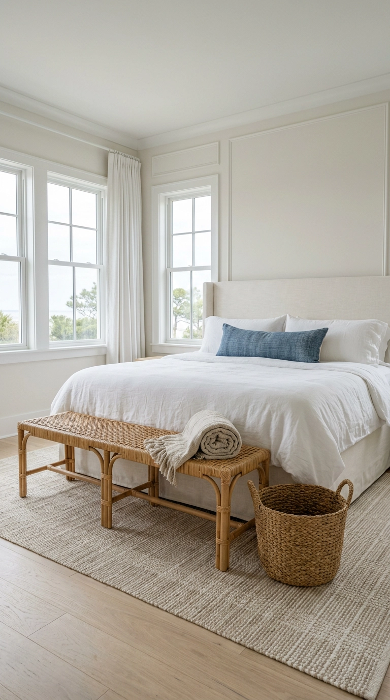 Woven rattan bench with a linen throw at the foot of a king bed in a bright coastal bedroom