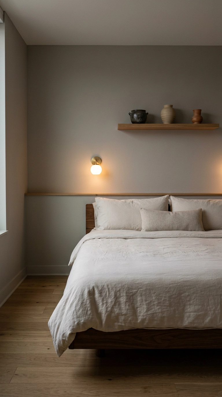 King bed in a small condo bedroom with a wall-mounted oak ledge instead of nightstands