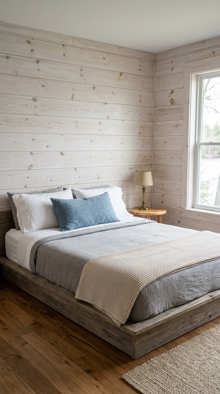 Lake house bedroom with whitewashed knotty pine plank walls and a driftwood-toned bed