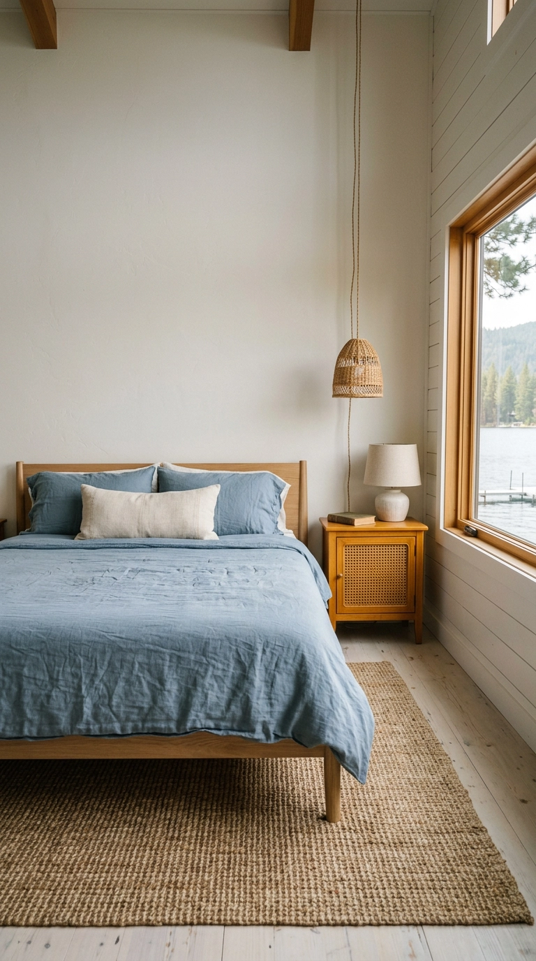 Lake house bedroom with a seagrass rug, cane nightstand, and dusty blue coverlet