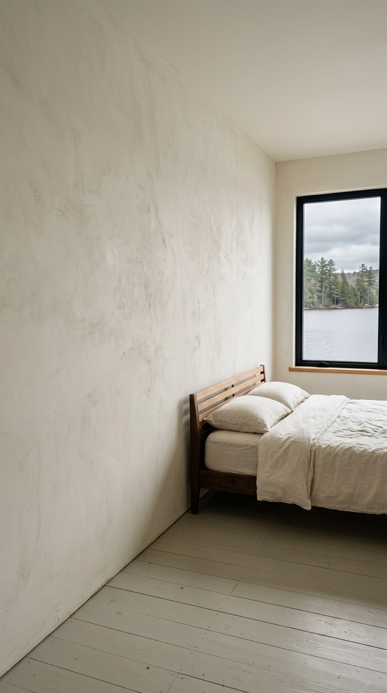 Bare plaster wall in a minimal lake house bedroom with a window framing grey water