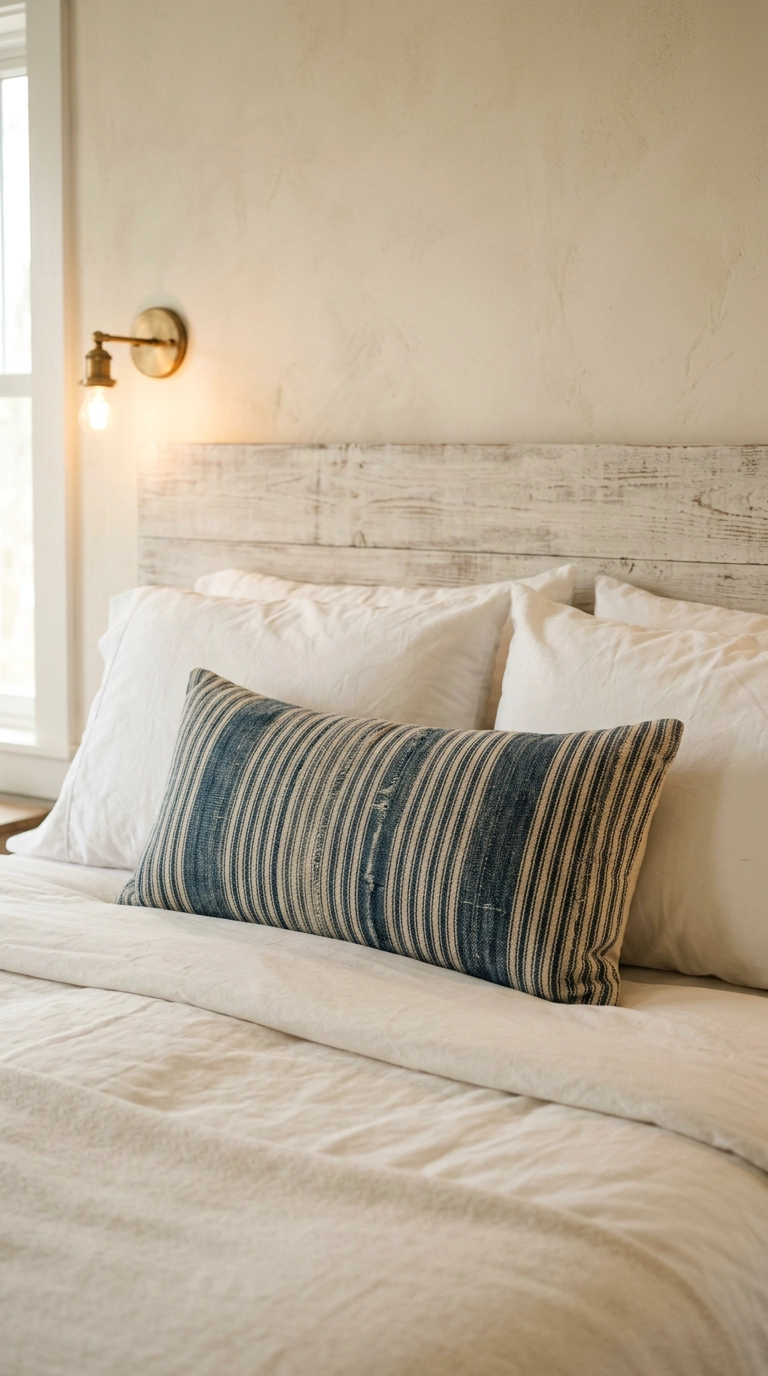 Faded indigo ticking stripe lumbar pillow against white bedding on a whitewashed headboard