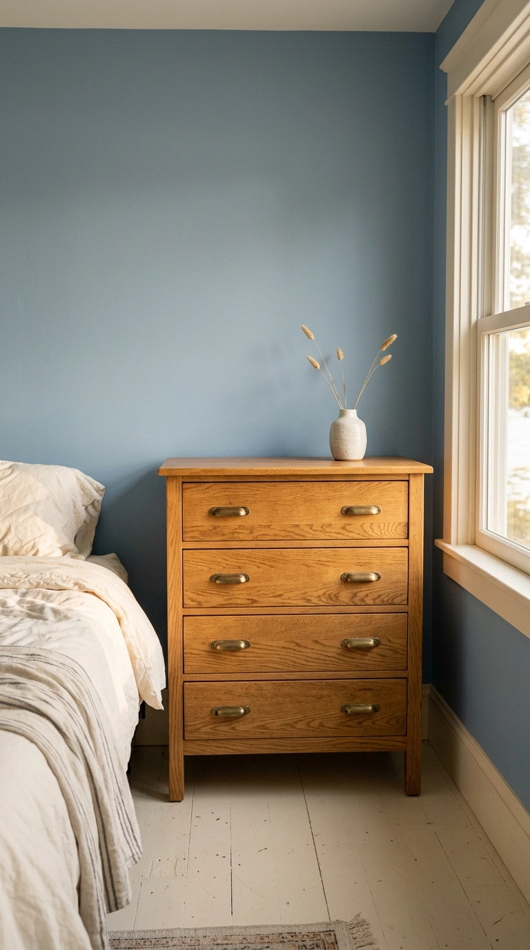 Honey-toned oak dresser with brass pulls against a dusty blue lake house wall