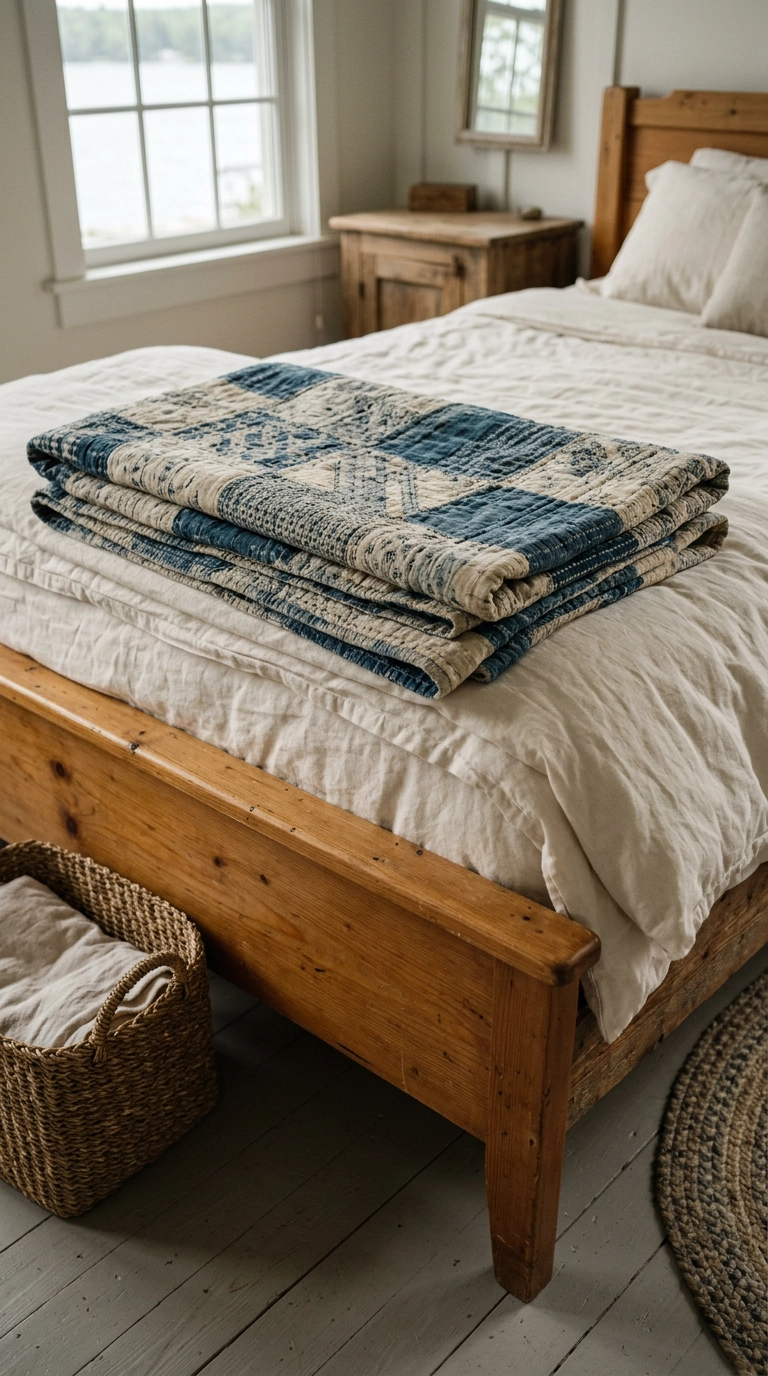 Faded indigo and cream vintage quilt folded across the foot of a lake house bed