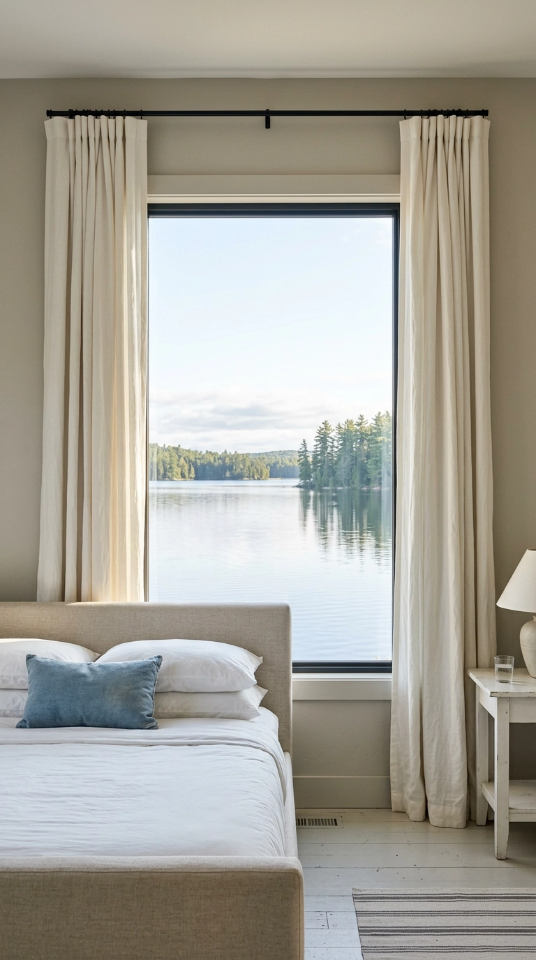 Lake house bedroom window framed by high-mounted ivory curtains over a water view