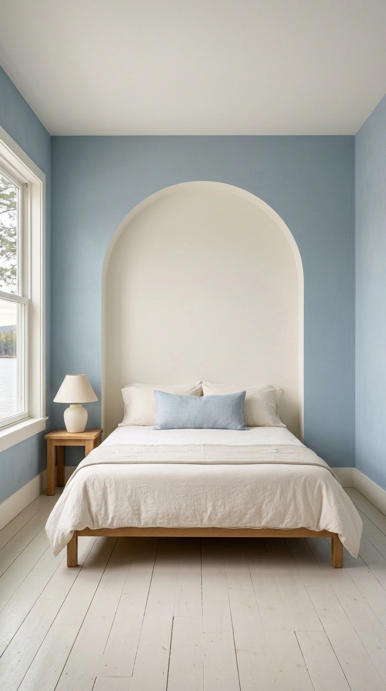 Lake house bedroom with a pale cream painted arch on a dusty blue wall behind the bed