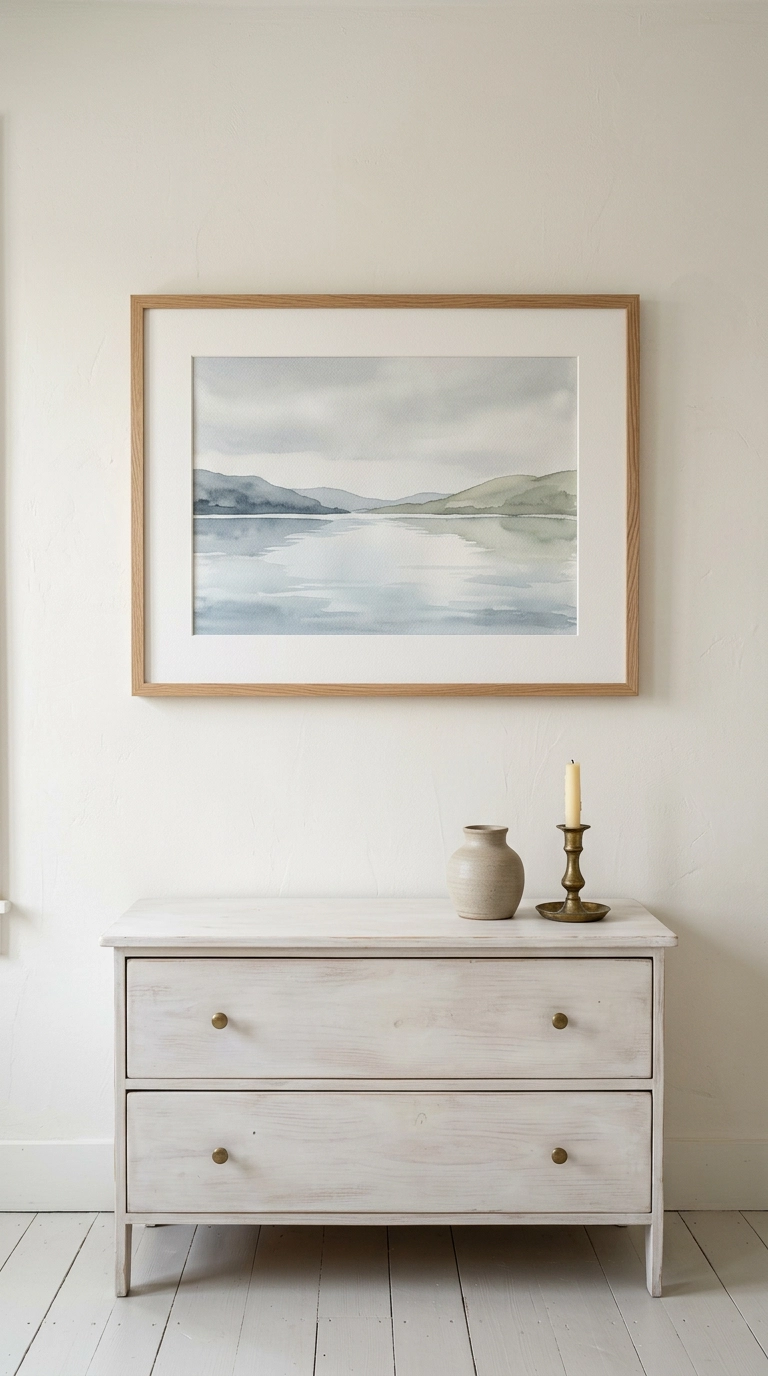 Large muted watercolor landscape in an oak frame above a whitewashed lake house dresser