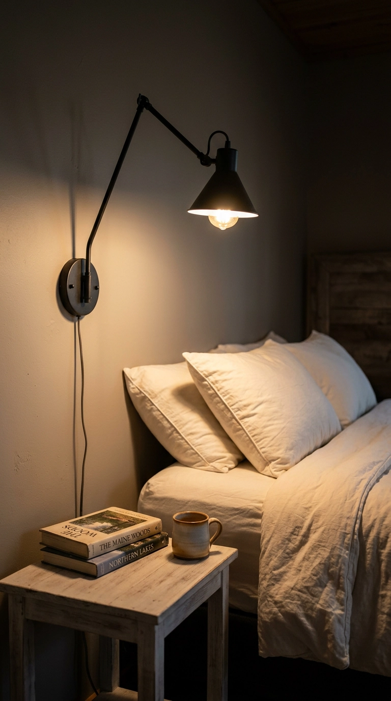 Black swing-arm sconce angled over a pillow beside a whitewashed lake house nightstand