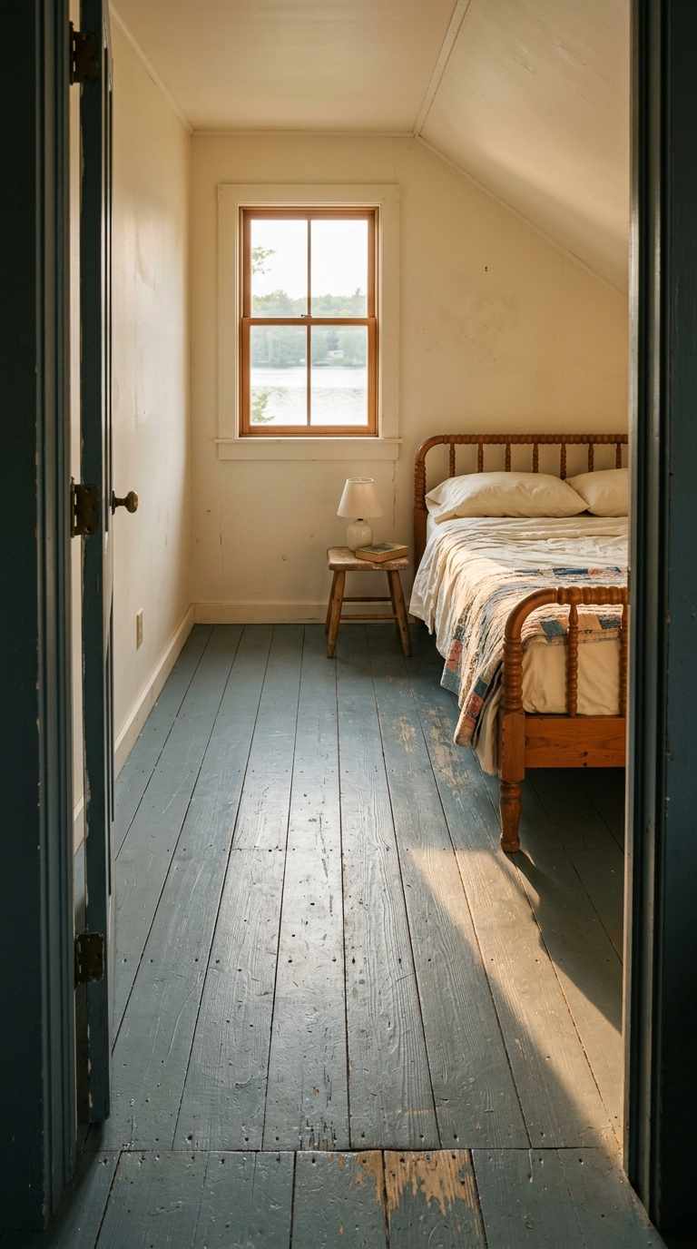 Lake house bedroom with a painted blue-grey plank floor and a pine spool bed