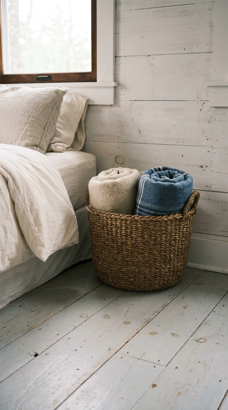 Woven basket of rolled wool blankets in the corner of a lake house bedroom