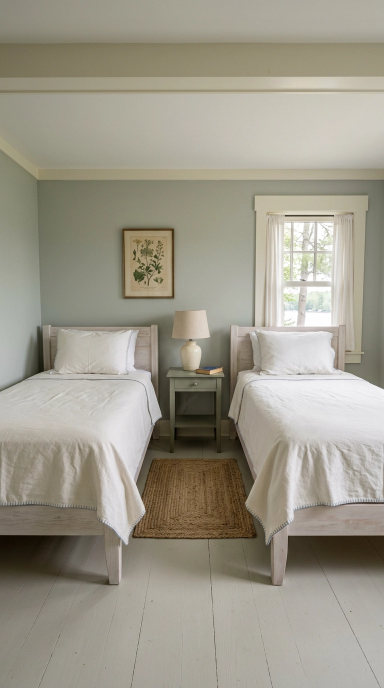 Lake house guest room with two whitewashed twin beds and a shared nightstand