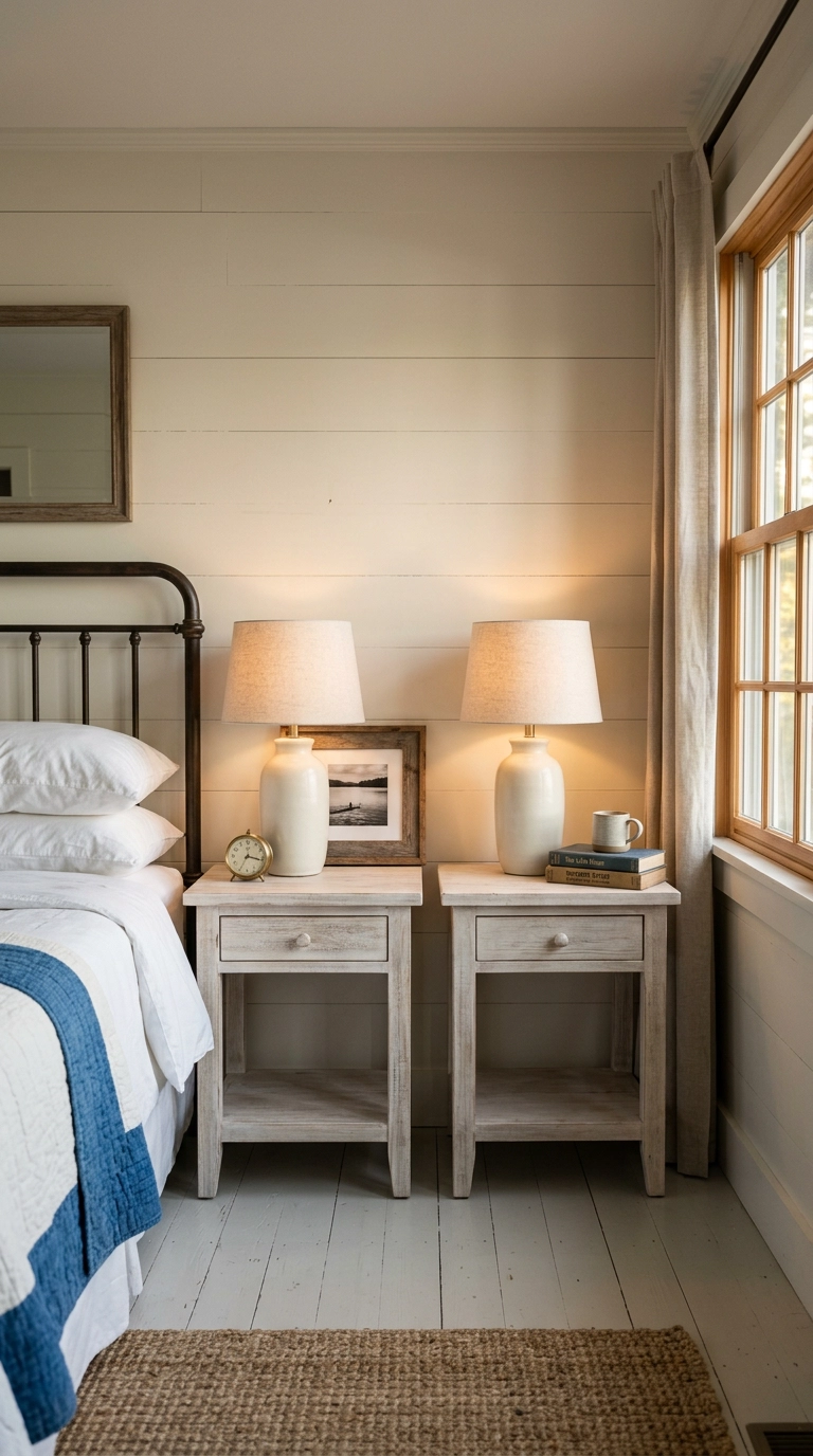 Two matching whitewashed nightstands with ceramic lamps flanking an iron lake house bed