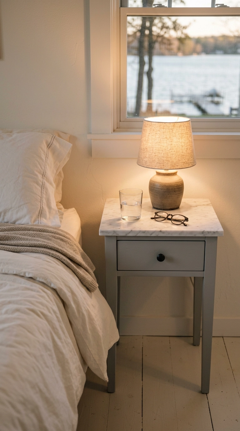 Dove grey lake house nightstand with a marble top, black knob, and small ceramic lamp