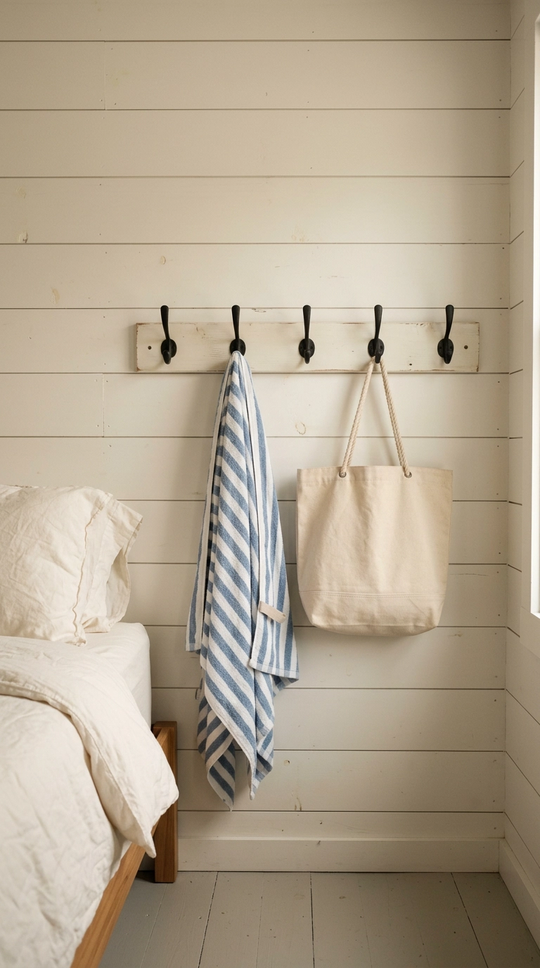 Row of black iron hooks on a painted board inside a lake house bedroom