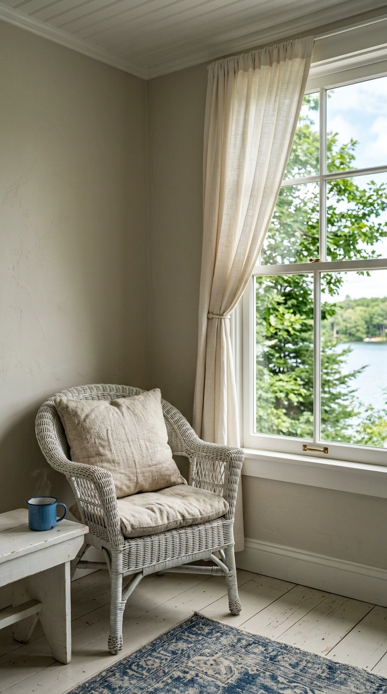 White wicker chair in a bright lake house bedroom corner beside a window