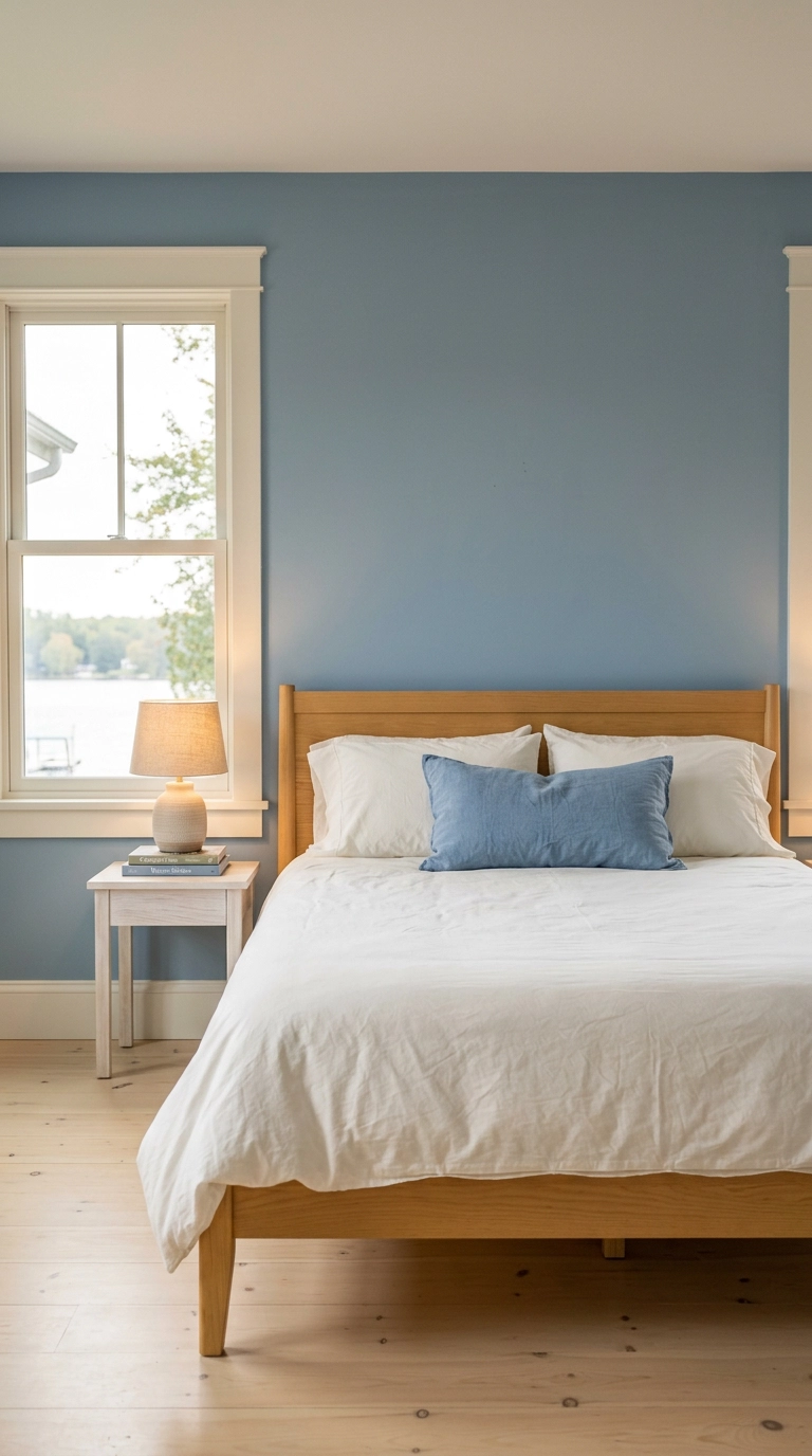 Lake house bedroom with soft dusty blue walls, warm white trim, and a pale wood bed