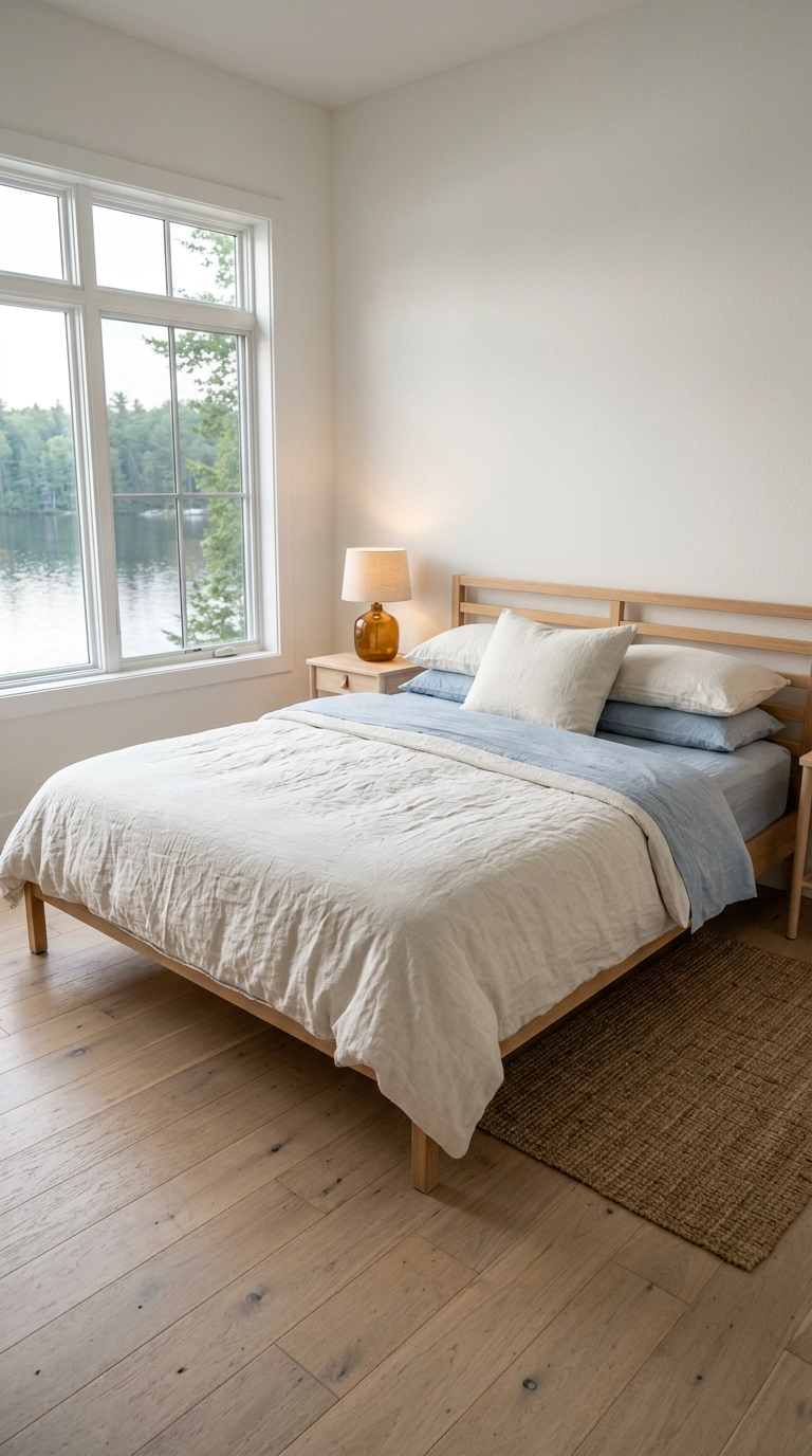 Lake house bed dressed in bone and pale chambray washed linen bedding