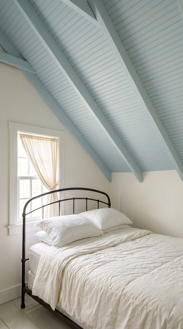 Lake house bedroom with a sloped ceiling painted the palest chalky blue