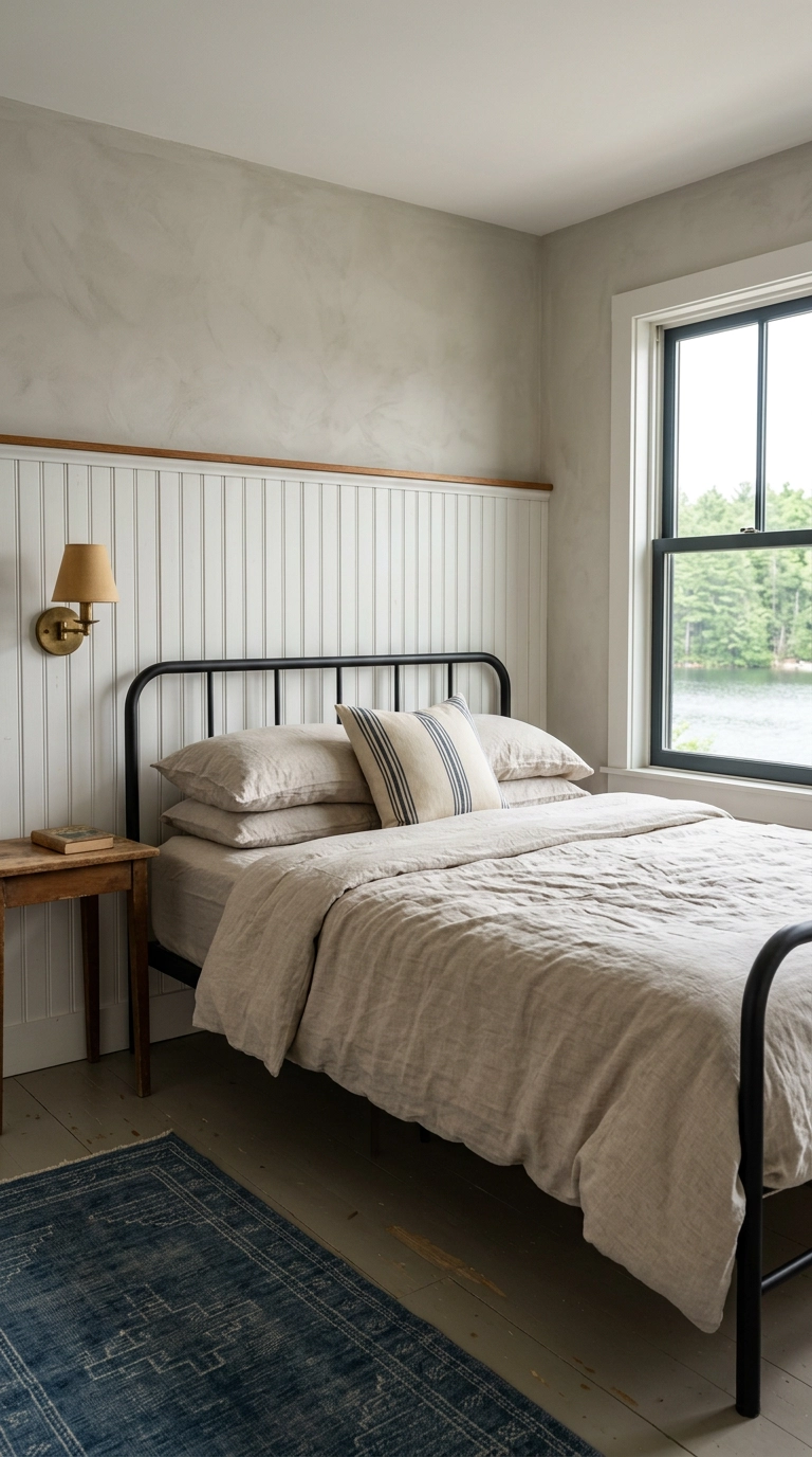 Lake house bedroom with white beadboard paneling behind a black iron bed