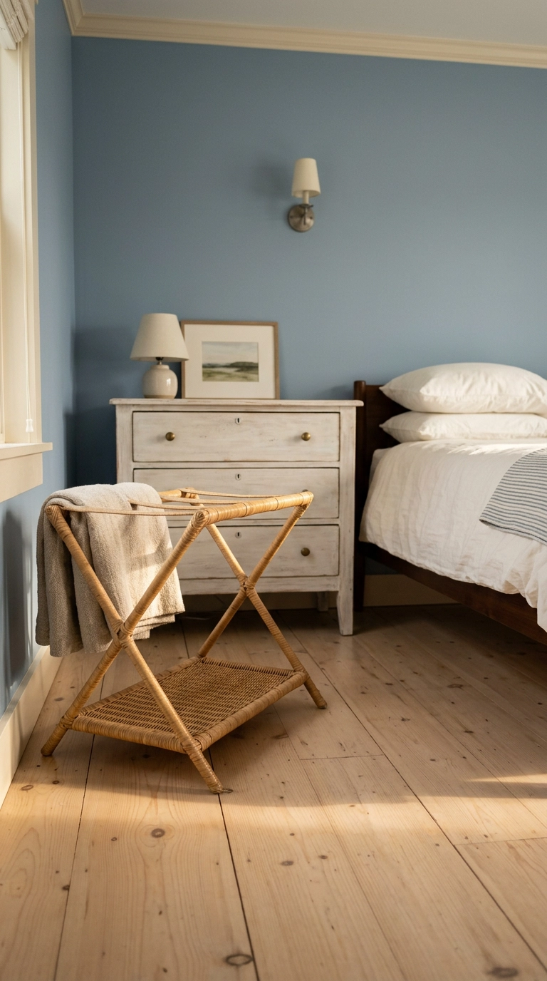 Woven rattan luggage rack beside a whitewashed dresser in a lake house bedroom