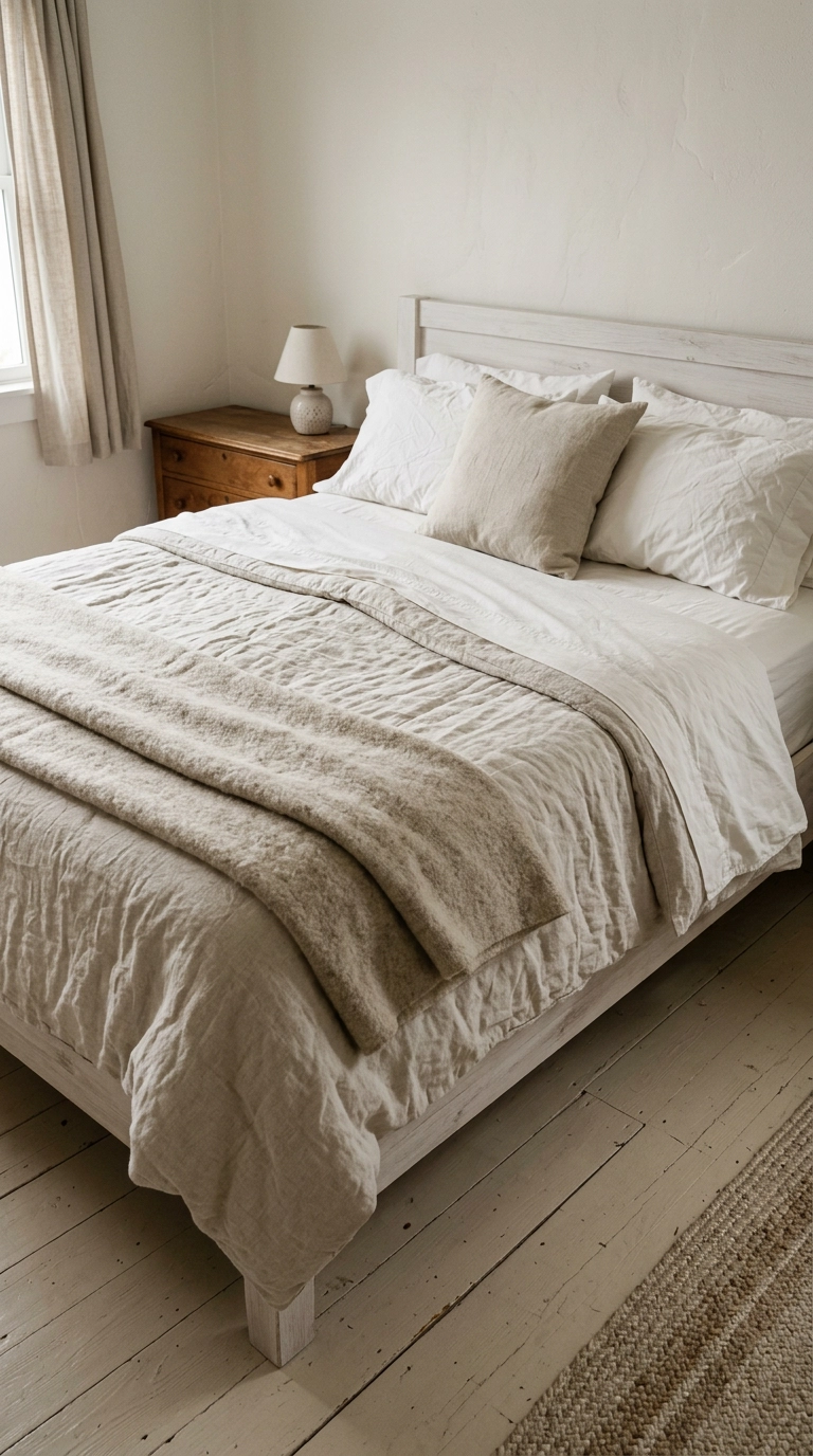 Lake house bed layered with percale sheets, a linen coverlet, and a folded wool blanket