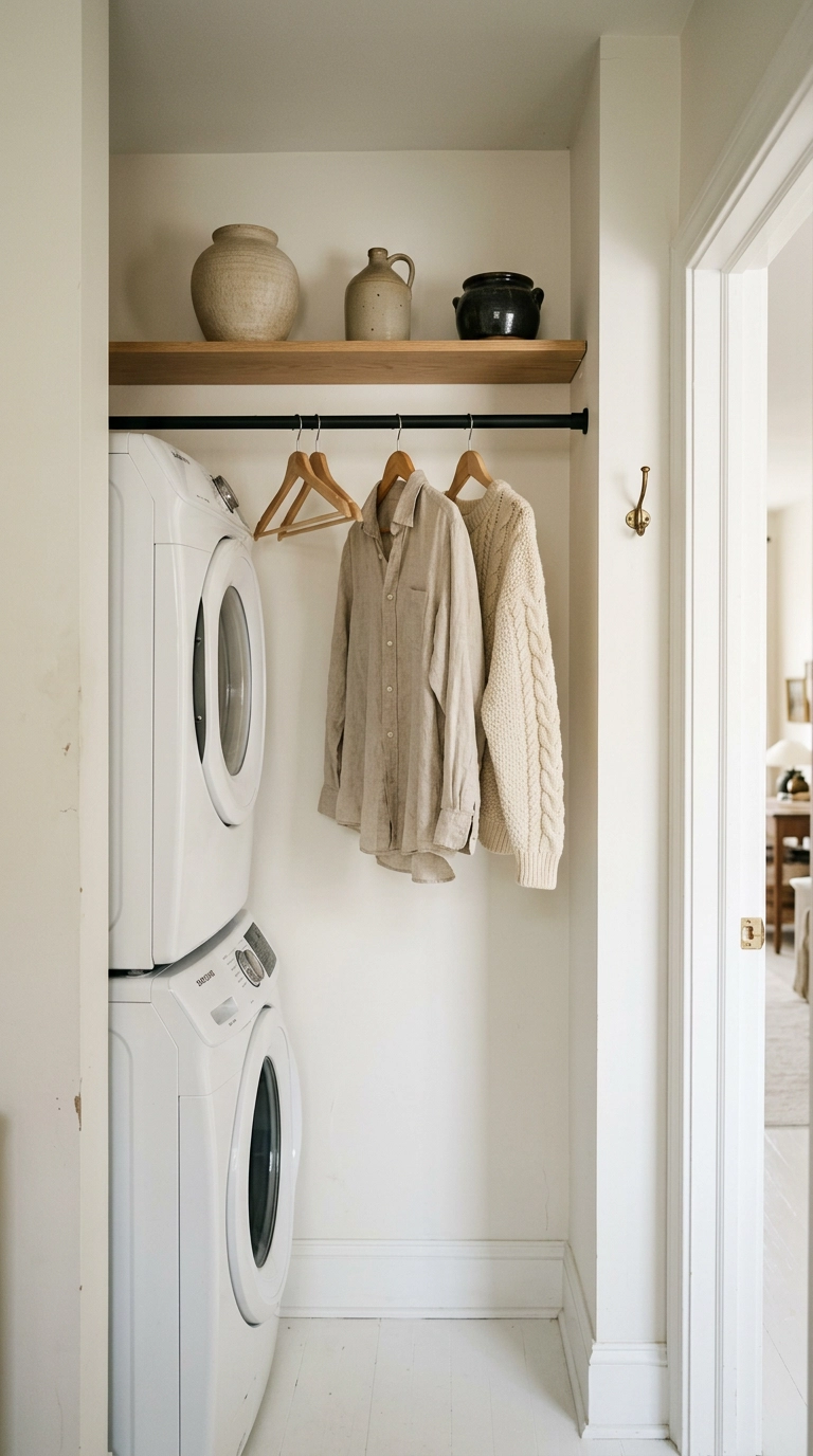 Retractable black drying rod mounted above a stacked washer and dryer holding hanging garments