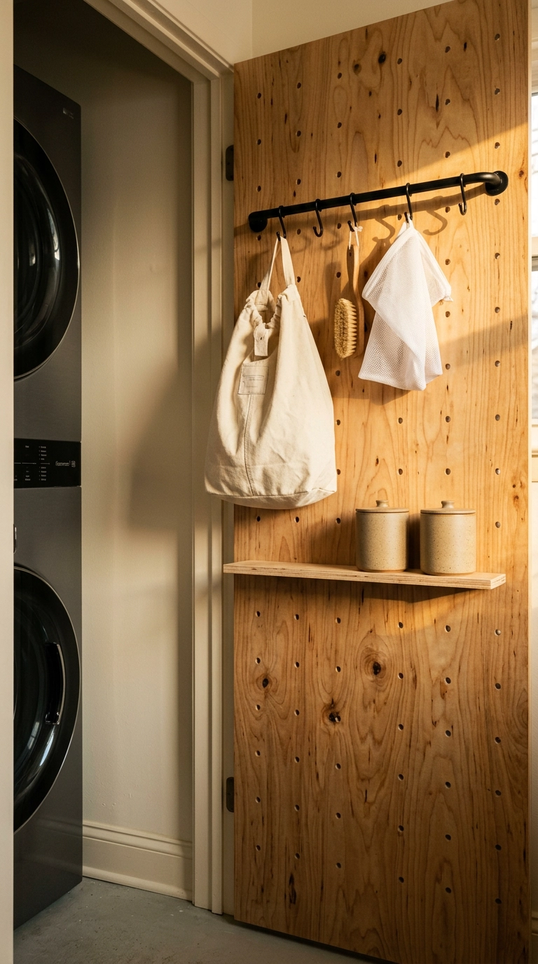 Birch plywood pegboard on a laundry closet side wall with black hooks holding a canvas laundry bag