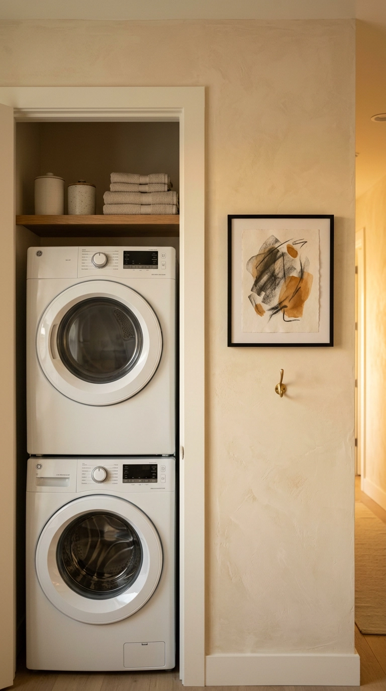 Framed abstract print in a black frame hung on the side wall of a laundry closet above a brass hook
