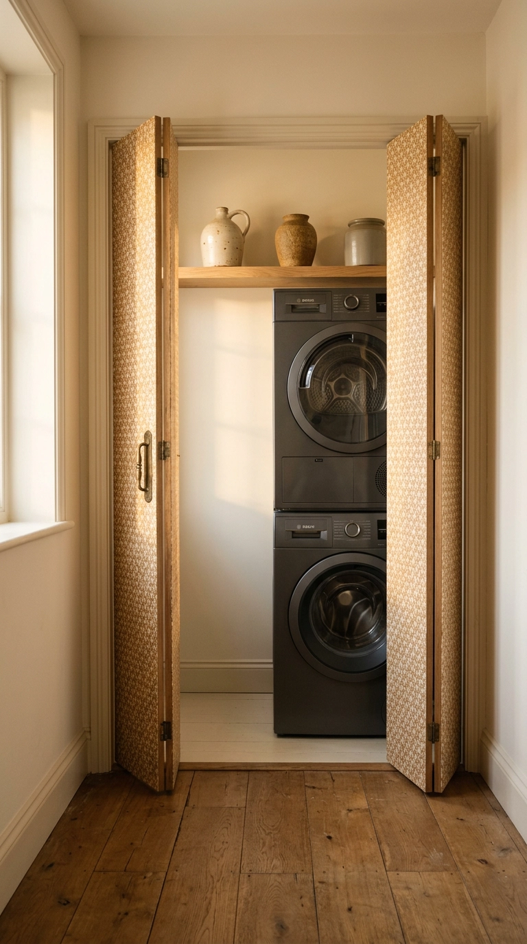 Bifold laundry closet doors papered on their inside faces in a small ochre and cream print