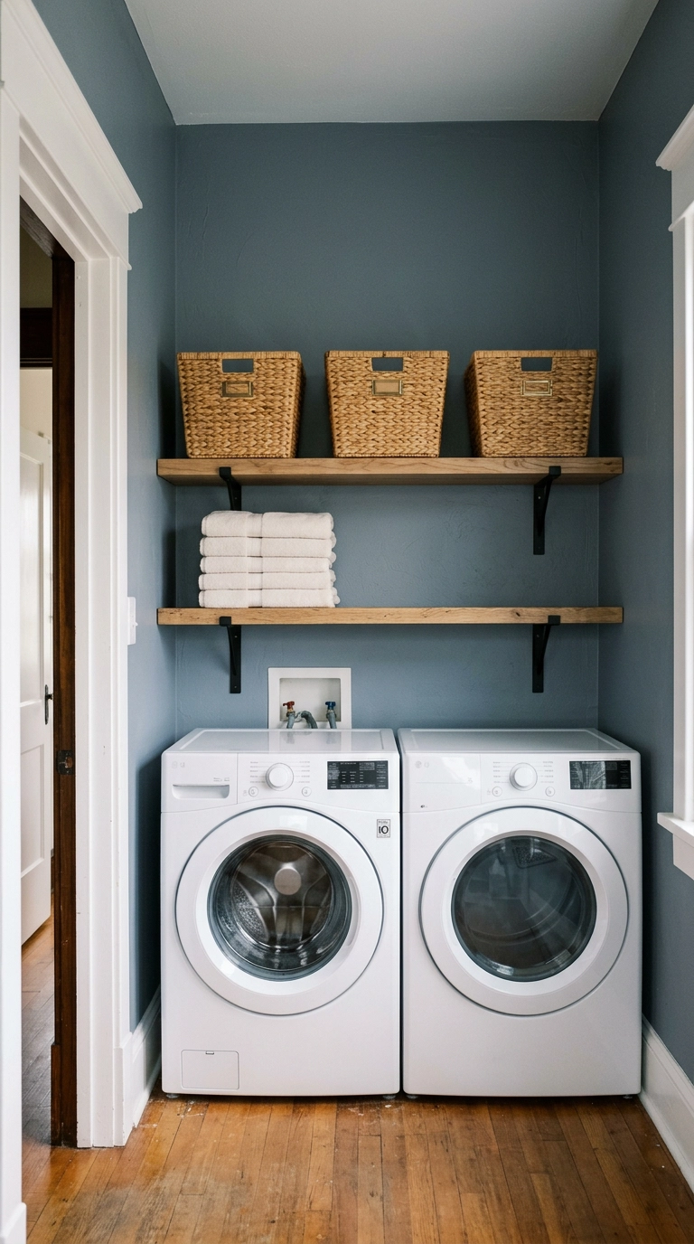 Three matching honey rattan baskets lined up on a white oak shelf in a slate blue laundry closet