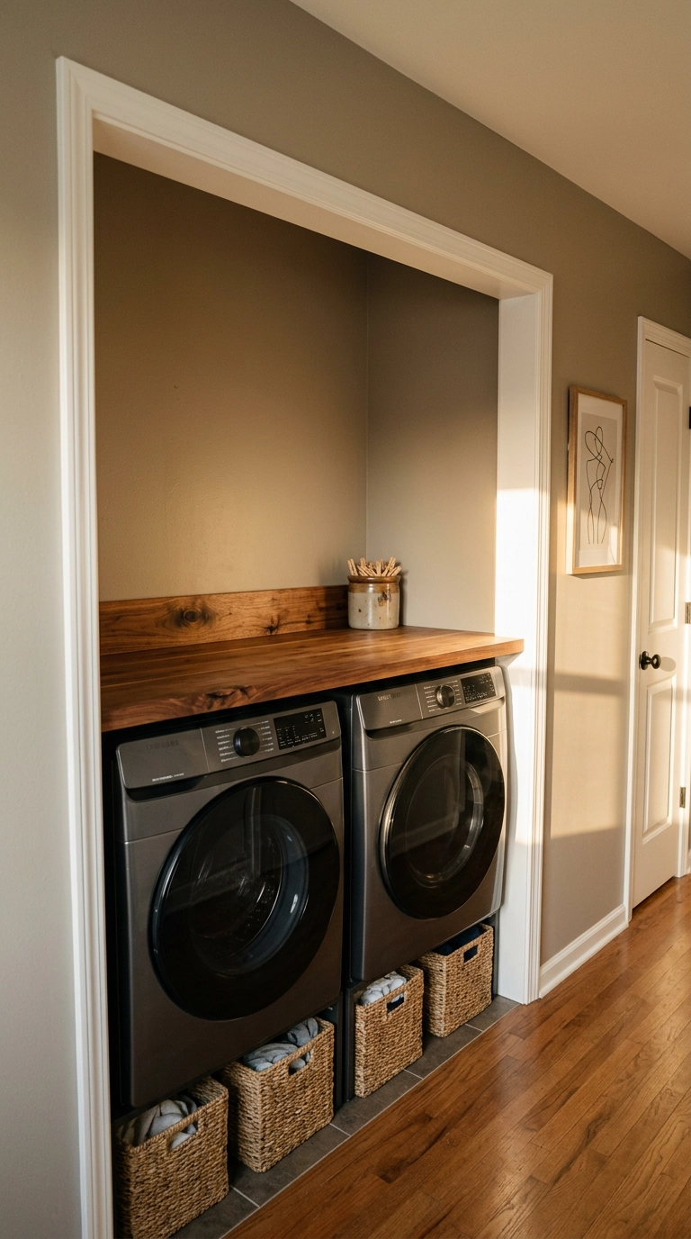 Walnut butcher block counter installed over side-by-side front-loading washer and dryer in a laundry closet