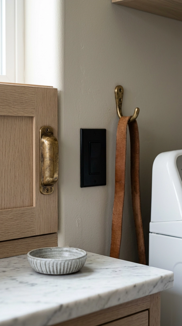 Aged brass bin pull and a matte black outlet cover plate detail in a laundry closet