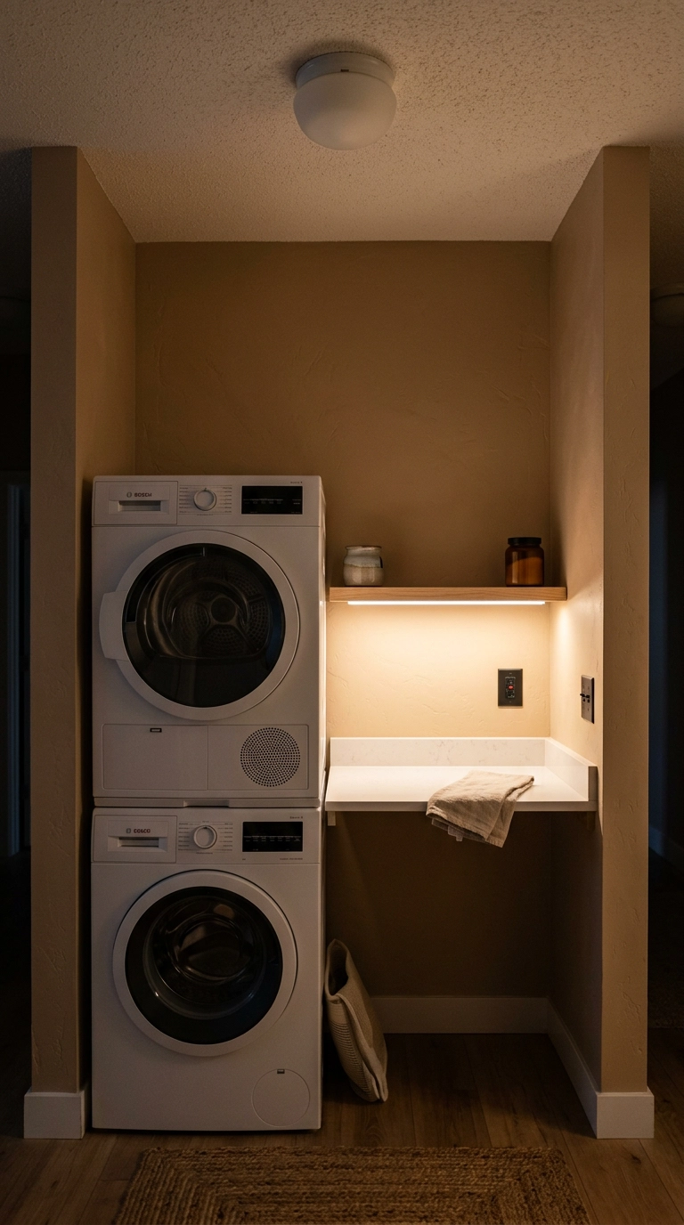 Laundry closet lit by a warm LED strip under a shelf and a flush dome ceiling fixture