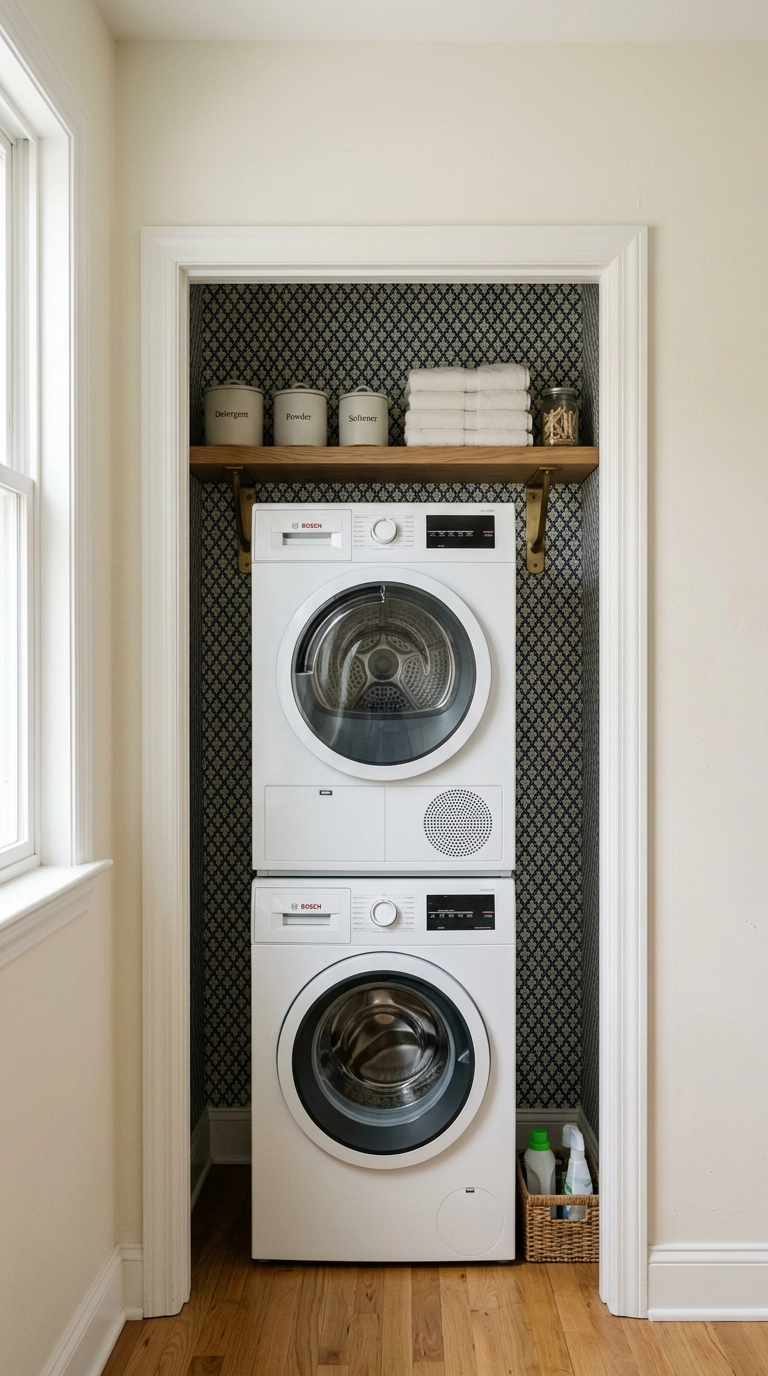 Laundry closet with navy and cream wallpapered back wall behind a stacked washer and dryer