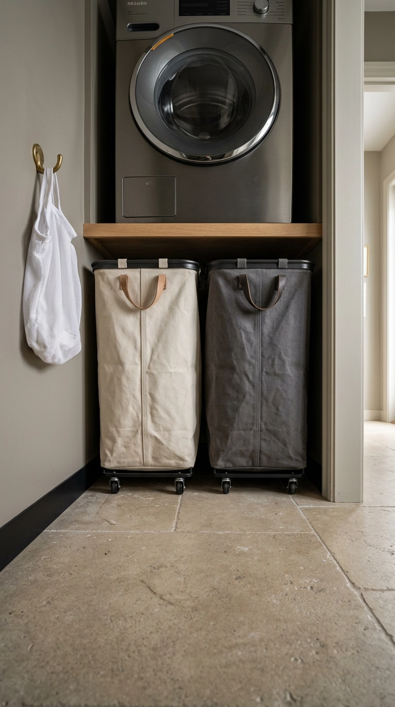 Two tall canvas laundry hampers on wheels tucked beneath a wood counter in a laundry closet