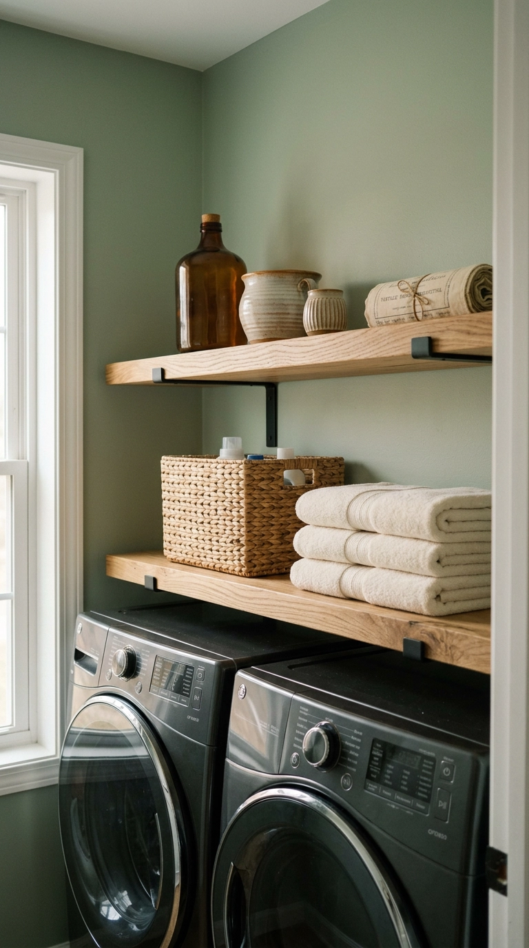 Two white oak floating shelves mounted above a stacked washer and dryer in a laundry closet