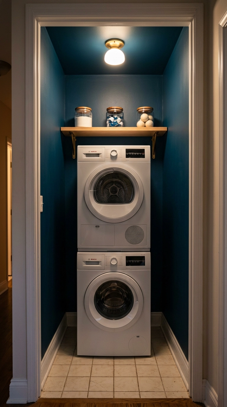 Laundry closet interior painted deep blue on walls and ceiling with white machines