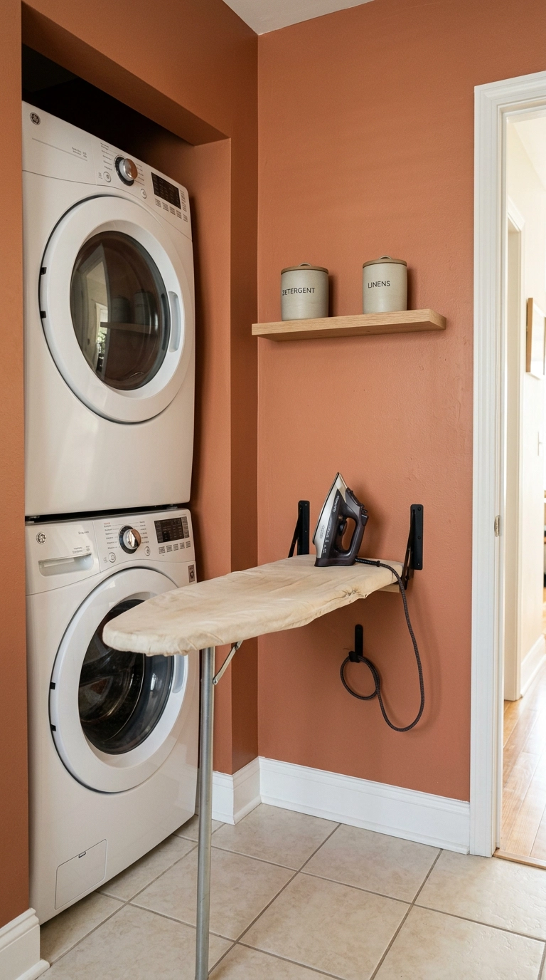 Fold-down ironing board hinged open from the side wall of a terracotta laundry closet