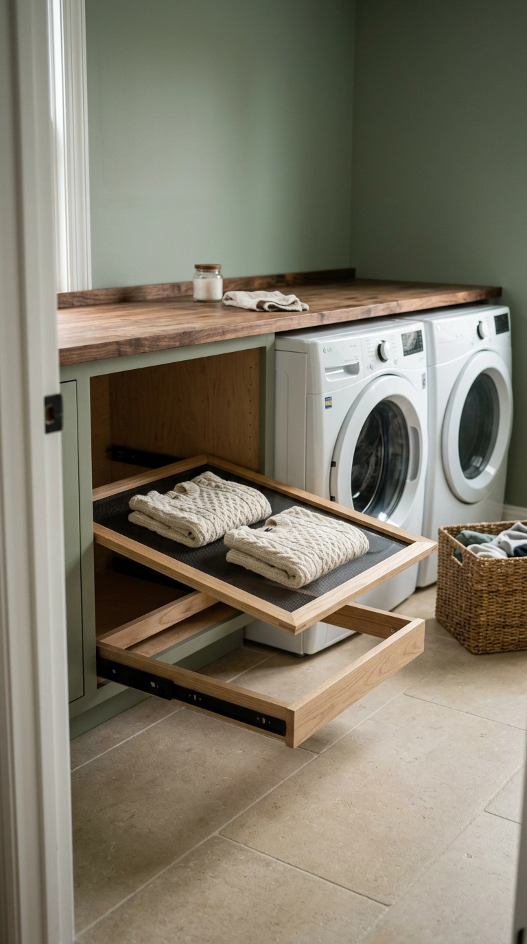 Wood-framed mesh drying screen pulled out from under a walnut counter in a laundry closet